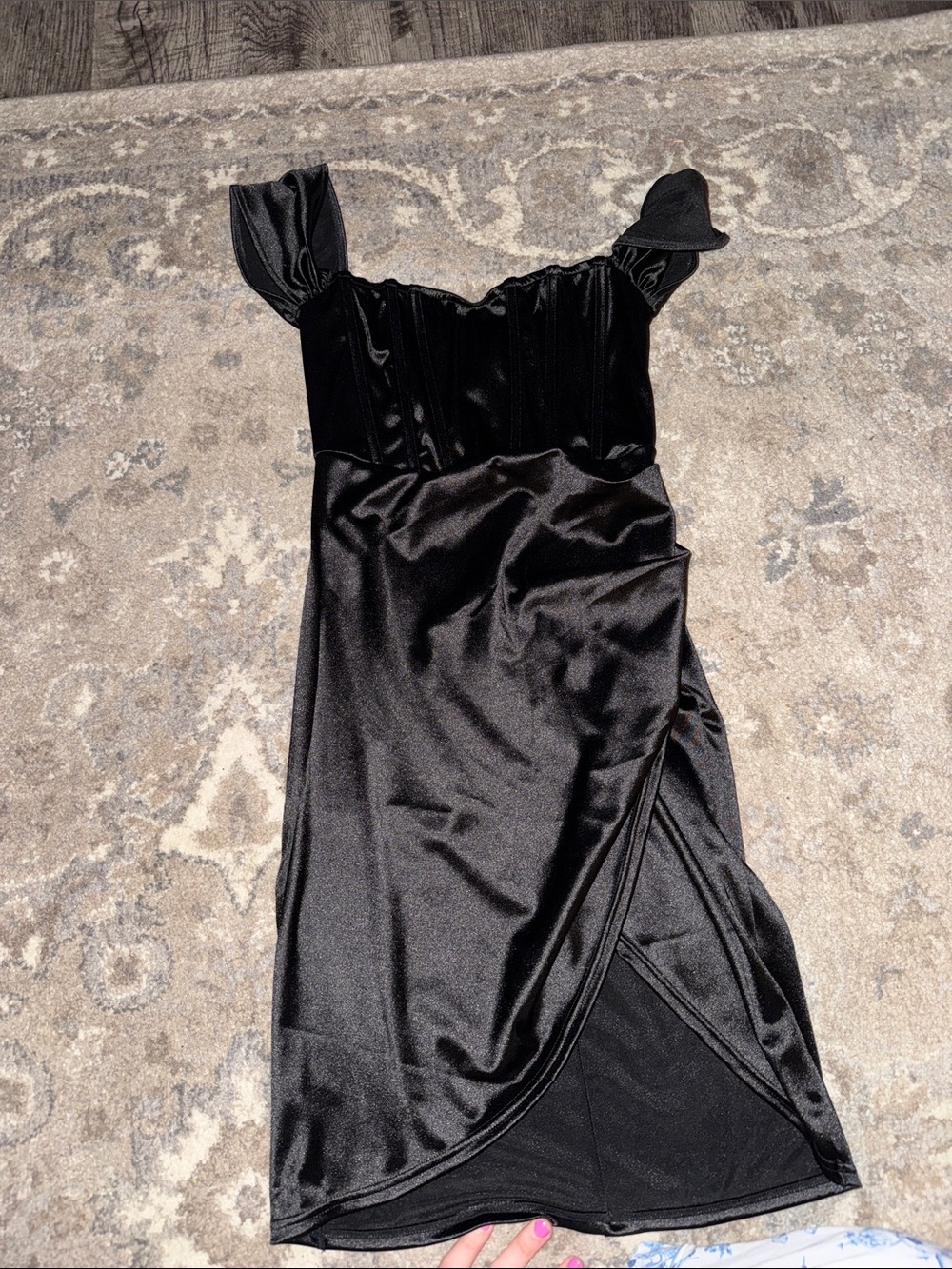 Black Satin Off-Shoulder Sheath Dress